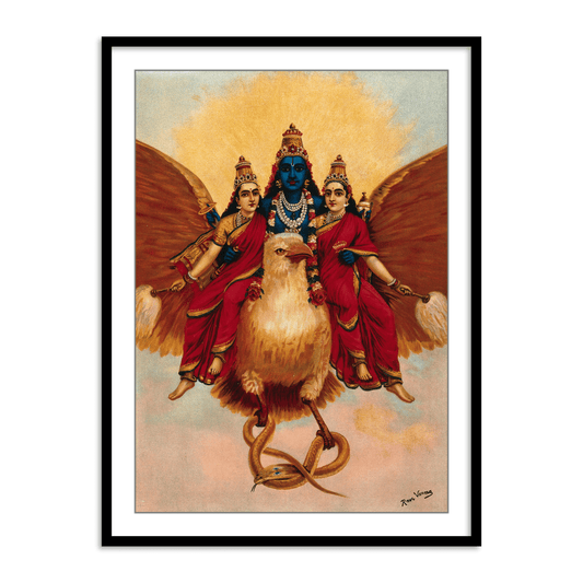 Vishnu accompanied by his wives riding on Garuda by Raja Ravi Varma Wall Art Painting