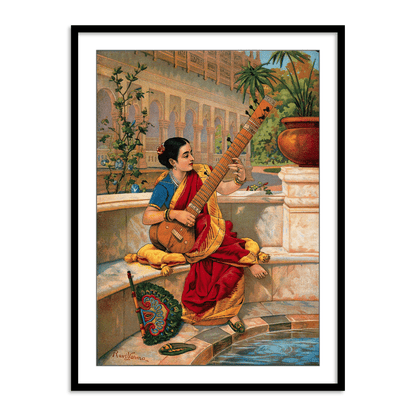 A seated Indian woman plays a sitar next to a garden pond (Kadambari) by Raja Ravi Varma Wall Art