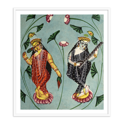 Goddess Laxmi & Saraswati standing on separate Lotus Leaves Kalighat Painting Framed Wall Art