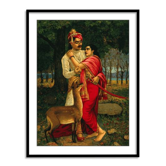 King Dushyanta proposing marriage with a ring to Shakuntala by Raja Ravi Varma Wall Art Painting for Home Decor 