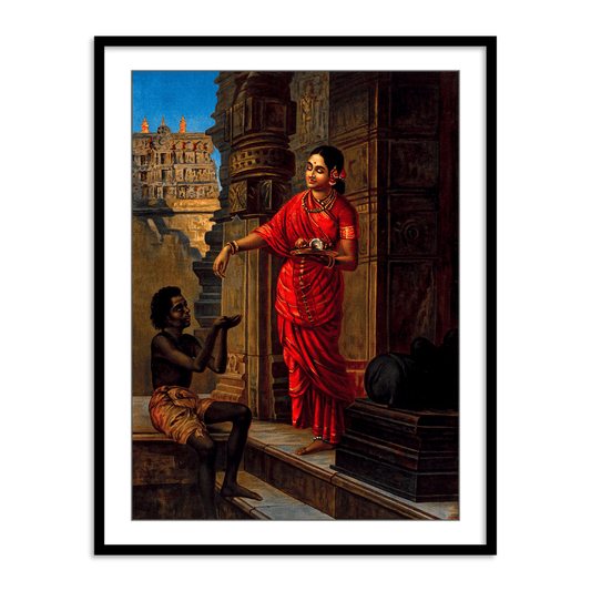 A woman giving alms to a beggar outside a temple to Lord Shiva