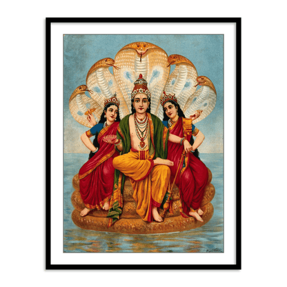 Vishnu flanked by two wives resting on Shesa by Raja Ravi Varma Wall Art INDIA