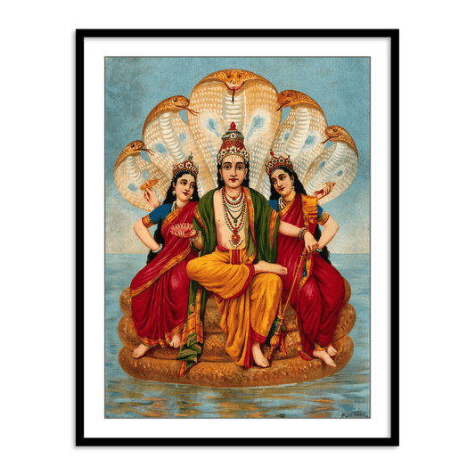 Vishnu flanked by two wives resting on Shesa by Raja Ravi Varma Wall Art INDIA