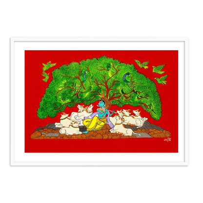 Krishna Playing Flute under a Tree | Pichwai Indian Framed Wall Art