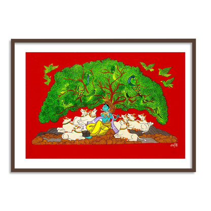 Krishna Playing Flute under a Tree | Pichwai Indian Framed Wall Art