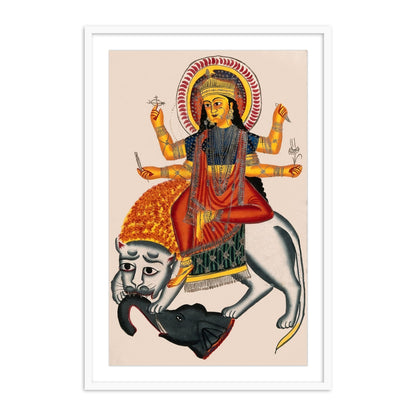 Durga Riding on her Lion Killing a Demon Kailghat Framed Wall Art