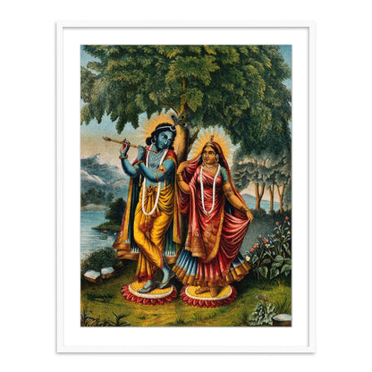 Krishna and Radha on Separate Lotus Leaves Framed Wall Art Painting