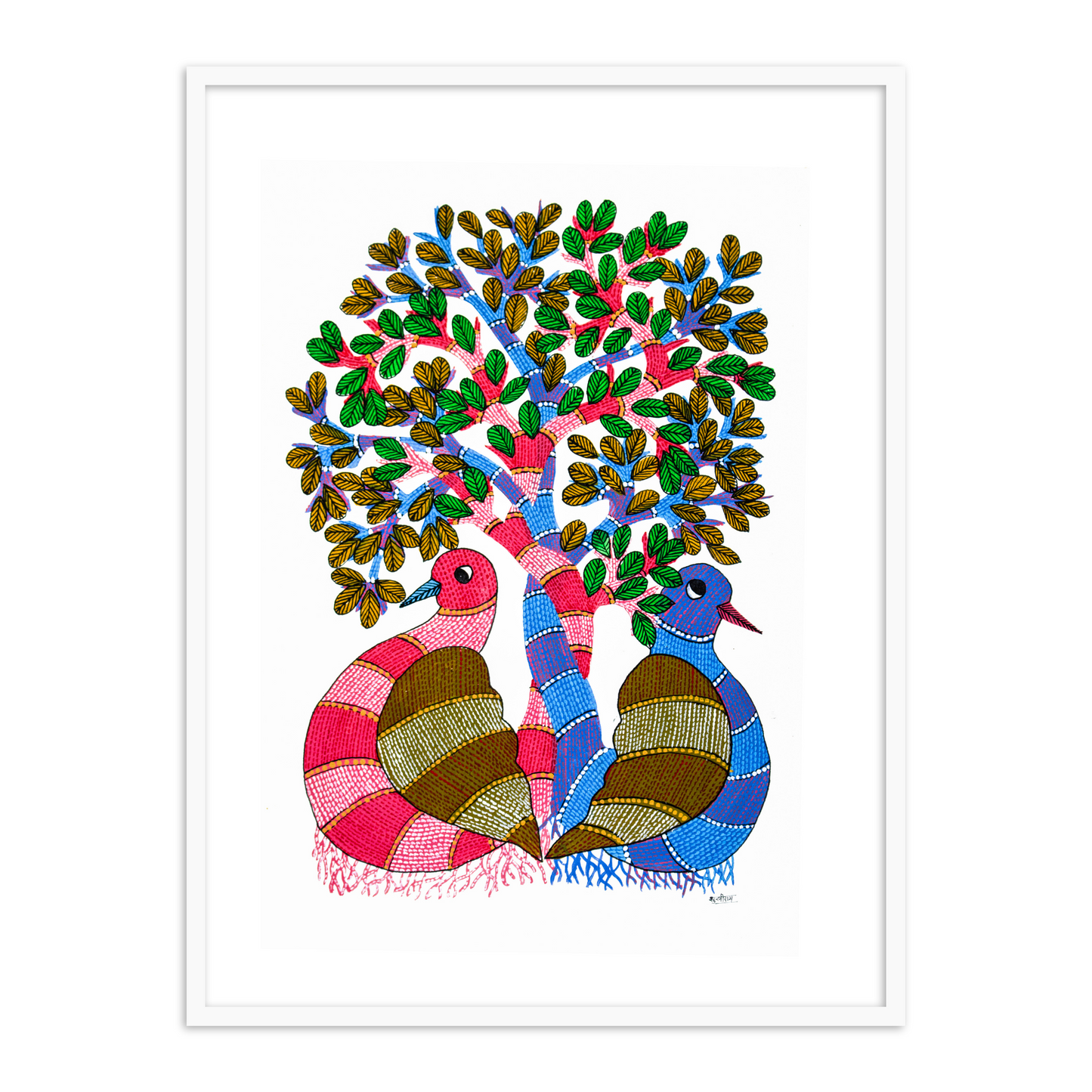 Pigeons sitting under a tree Gond painting | Indian Folk Framed Wall Art
