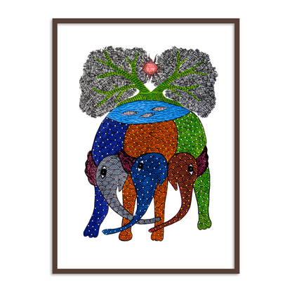 Beautiful Three Elephant Gond Art Painting for a Living Walls | Indian Art Framed