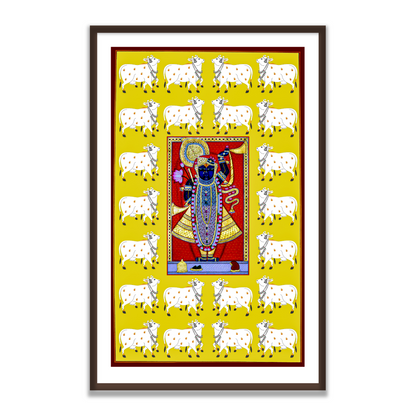 Shrinath Ji Gold Painting with Pichwai Cow | Framed Indian Wall Art