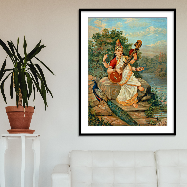 Goddess Sarasvati by Raja Ravi Varma Wall Art Print for Home Decor for Home Decor India