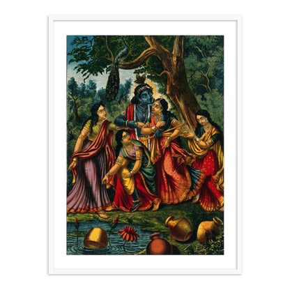 Krishna Playing with Girls at a Well Framed Wall Art Painting